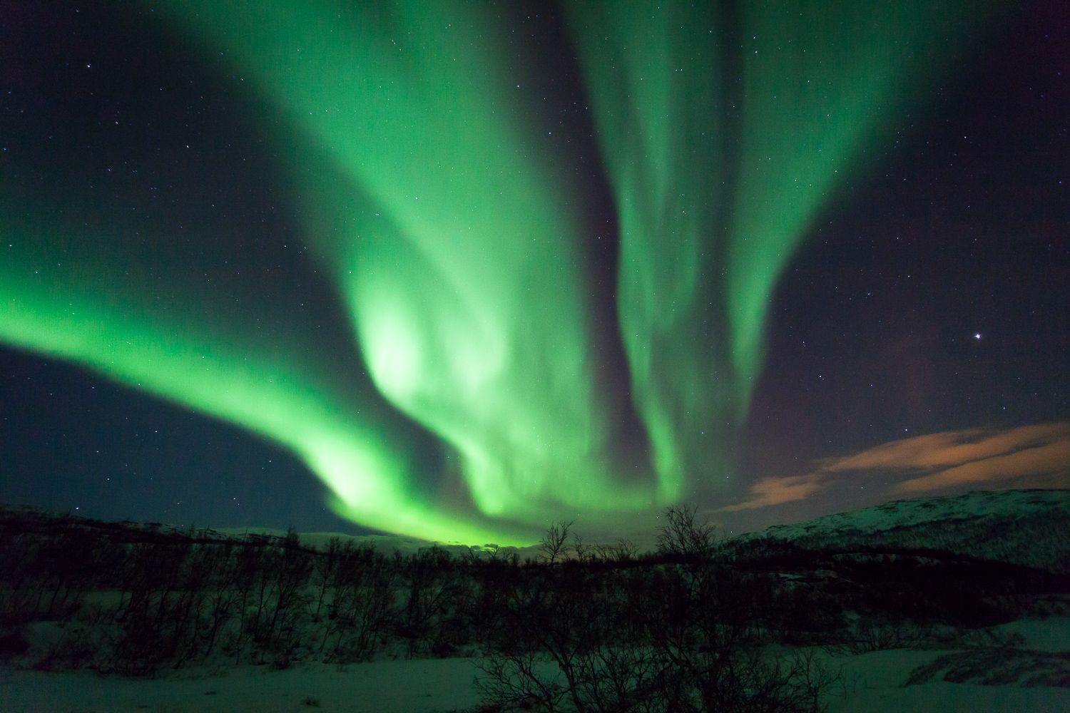 Green northern lights over Ringvassøya near Tromsø